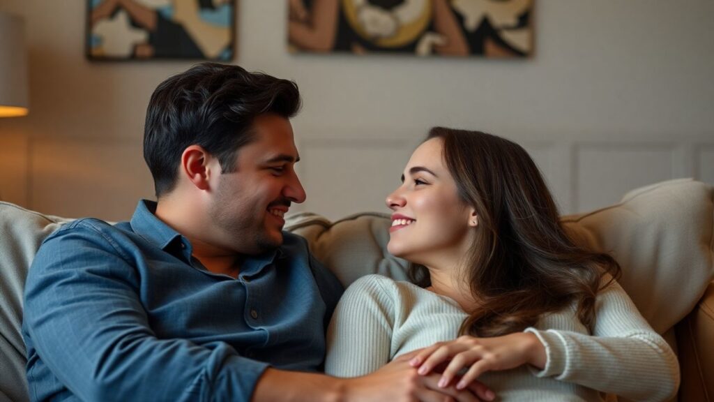 Couple in a comfortable setting, hinting at connection and openness.