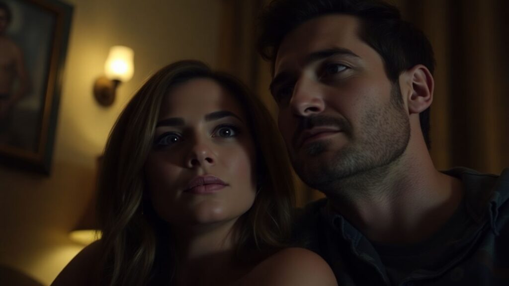 Couple in a room, one thoughtful, one playful.