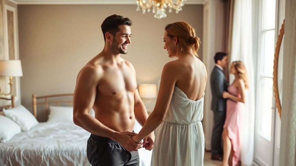 Couple in bedroom with another couple.