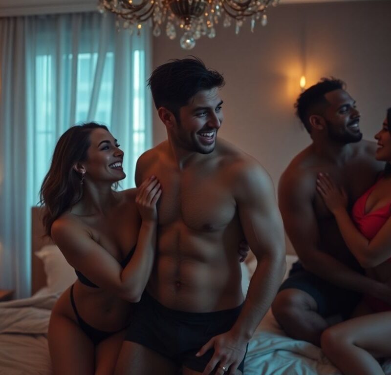 Couple in bedroom with another couple, suggestive poses.