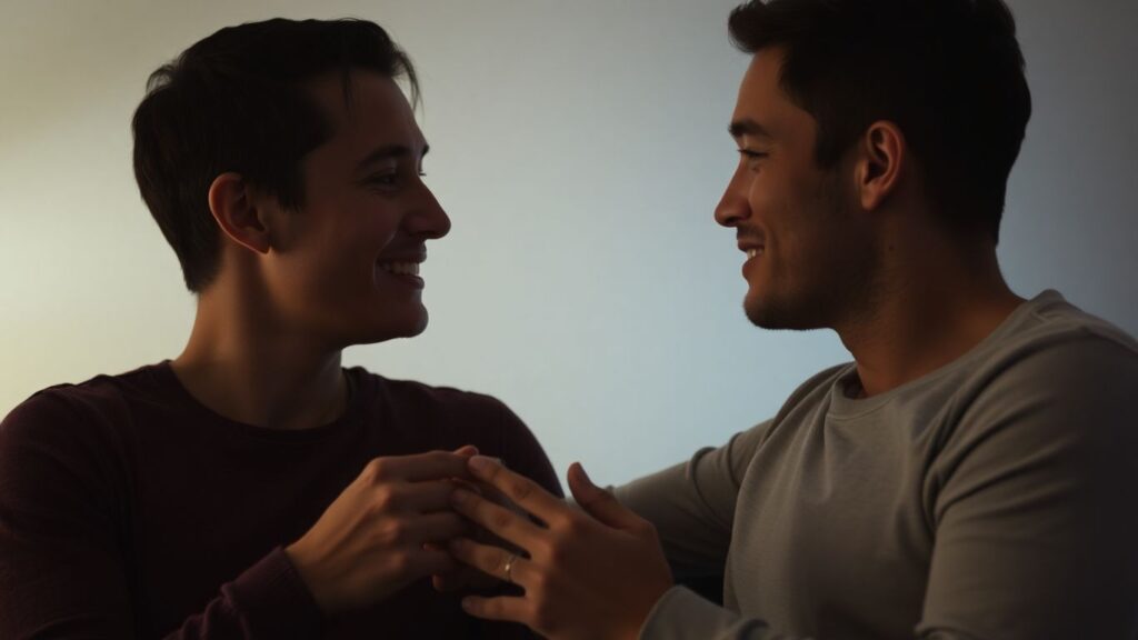 Couple in intimate conversation, conveying trust and connection.