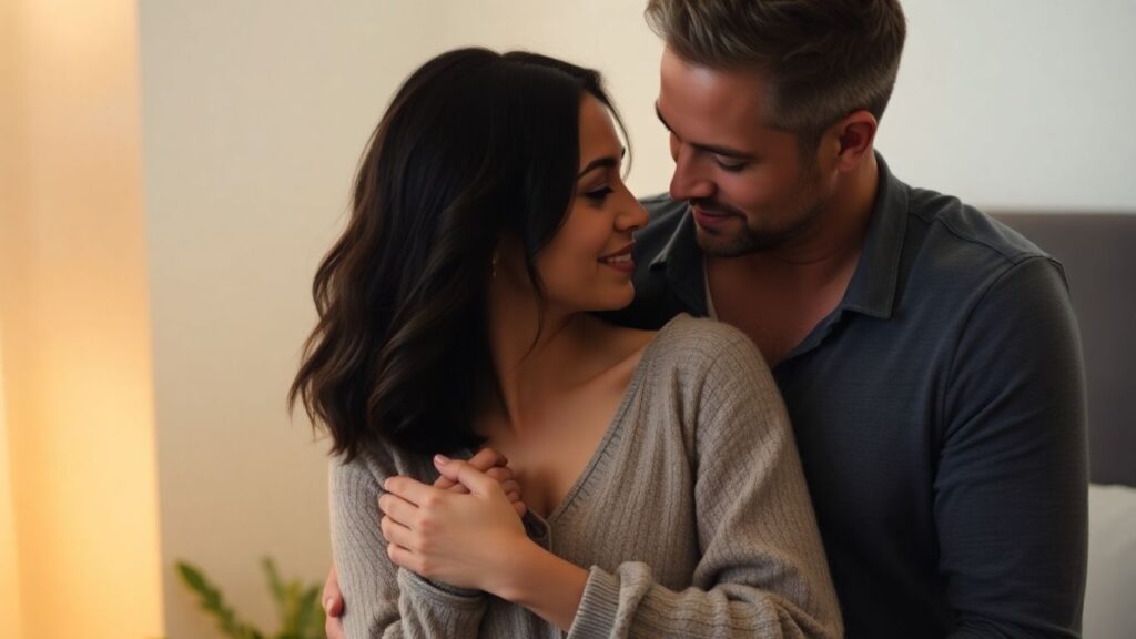 Couple in intimate embrace, hinting at shared experiences.