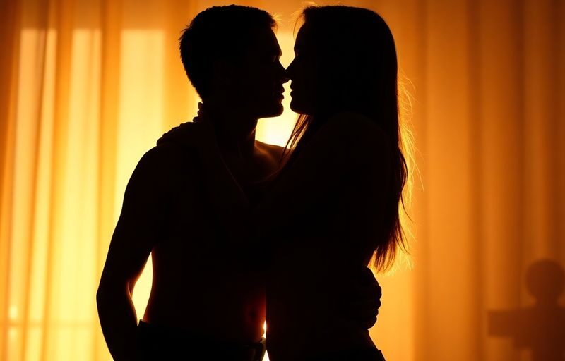 Couple in intimate embrace, silhouetted against warm light.