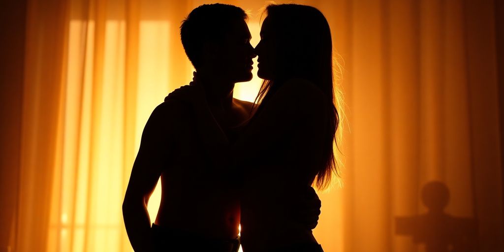 Couple in intimate embrace, silhouetted against warm light.