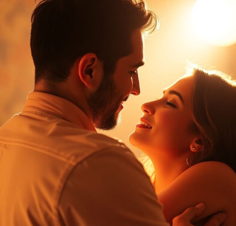 Couple in intimate embrace, soft lighting, sensuous atmosphere.
