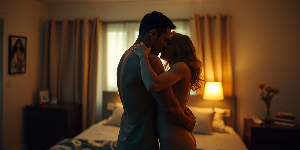 Couple in intimate embrace, suggestive pose, warm lighting.