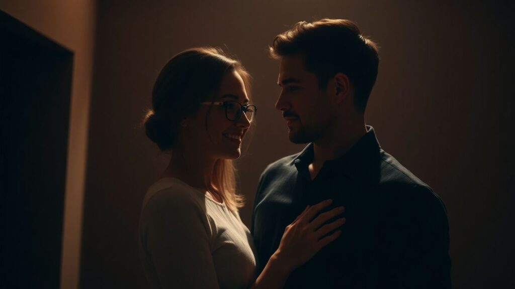 Couple in intimate setting, body language conveying interest.