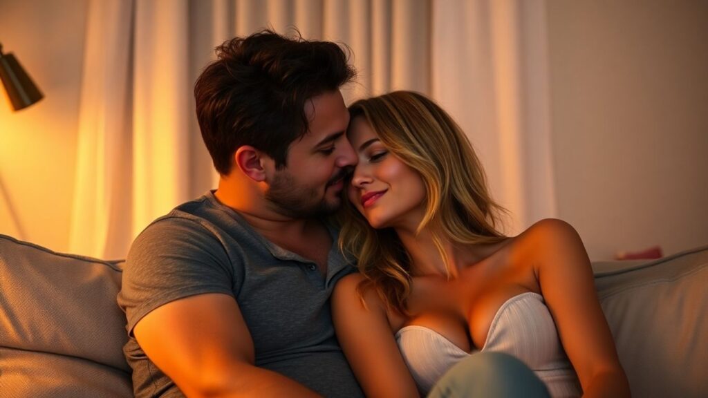 Couple in intimate setting, exploring alternative lifestyles.