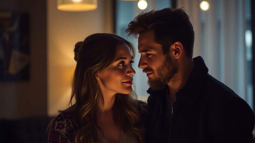 Couple in intimate setting, exploring connection.