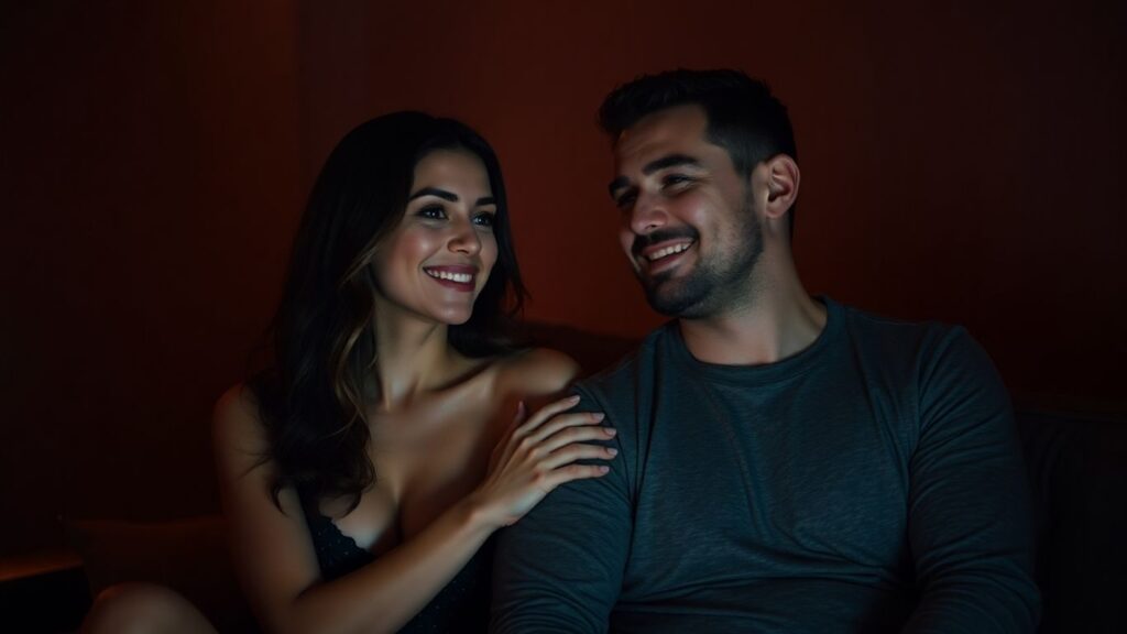 Couple in intimate setting, gentle touch, soft lighting.