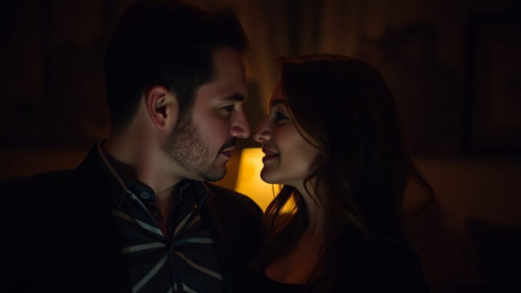 Couple in intimate setting, hinting at adventurous lifestyle.