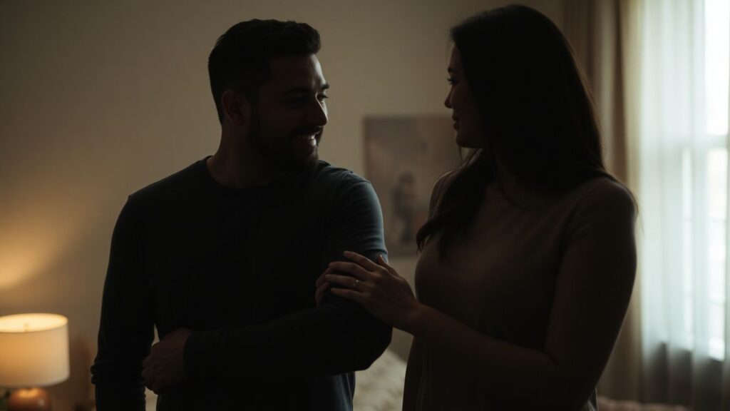 Couple in intimate setting, one partner touching the other's arm.