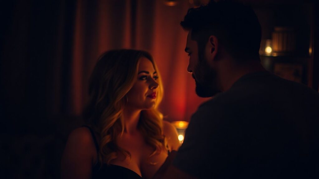 Couple in intimate setting, swinger lifestyle.