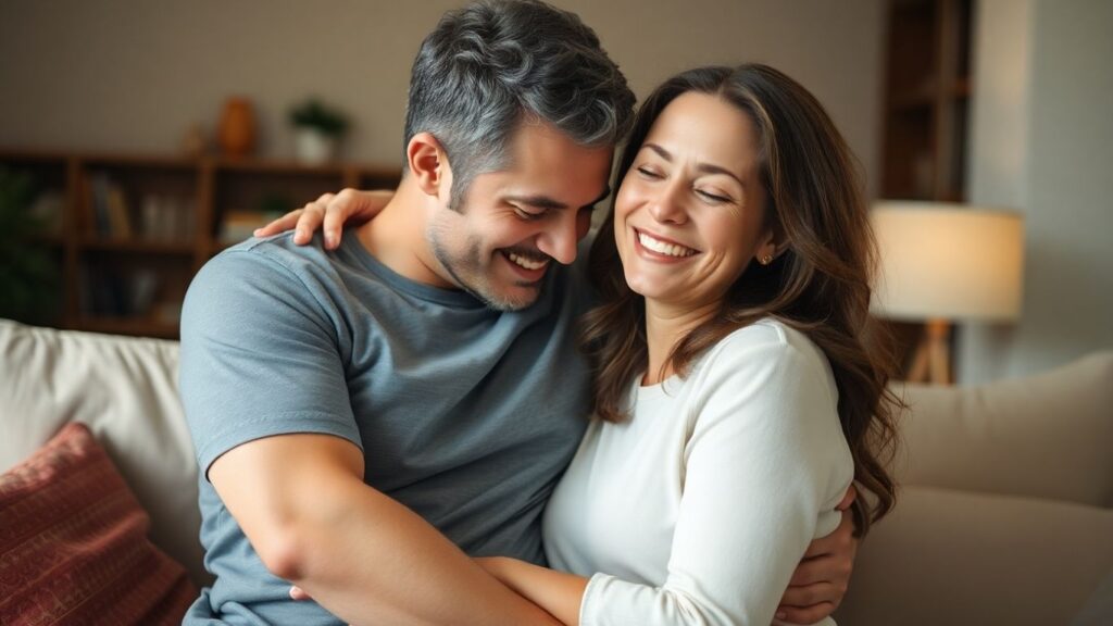 Couple in living room, close but not touching, relaxed expressions.