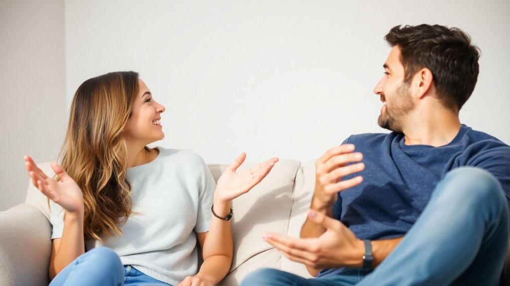 Couple in living room, relaxed and connected.