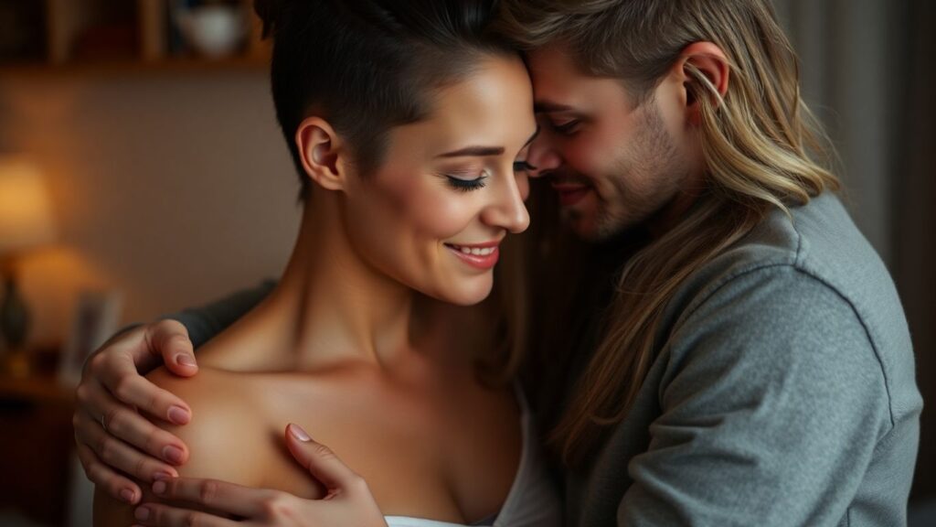 Couple in soft embrace, intimate connection.