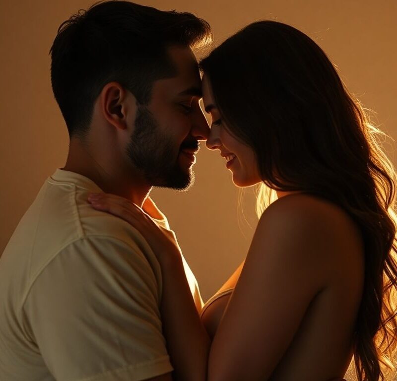 Couple in soft light, intimate connection, gentle exploration.