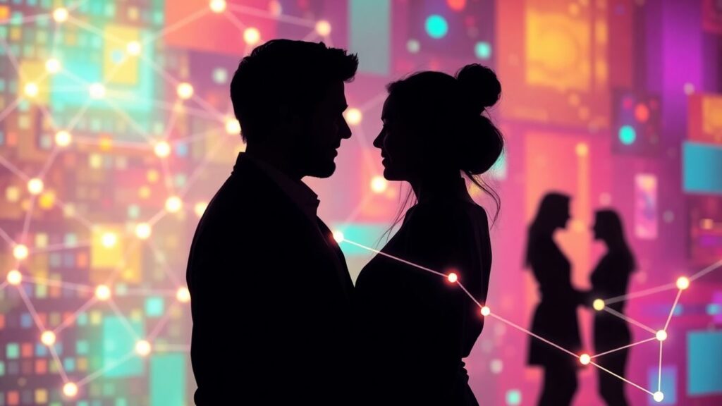 Couple interacting with digital connection lines