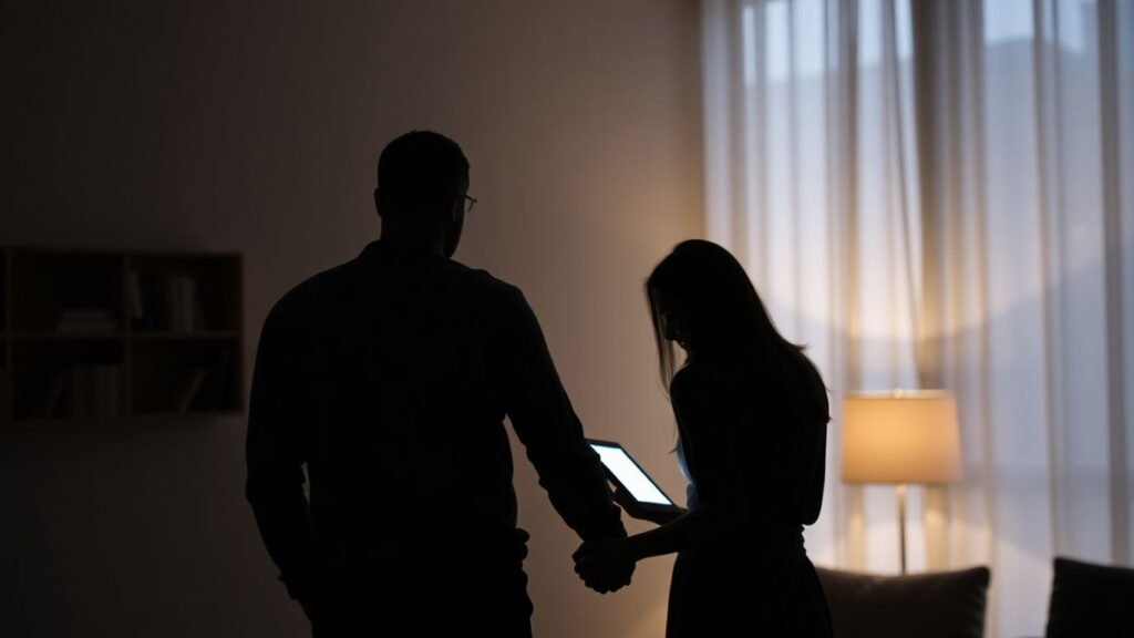 Couple interacting with technology in an intimate setting.