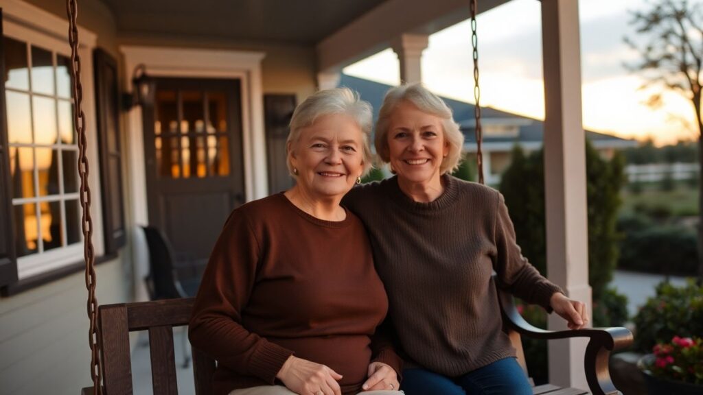 Couple on a porch swing at sunset