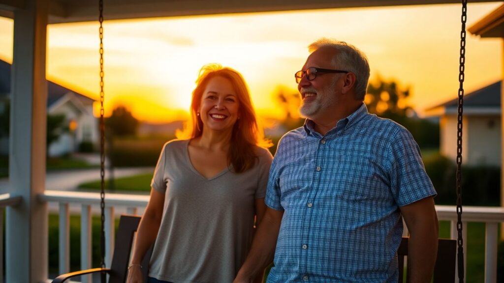 Couple on a porch swing at sunset