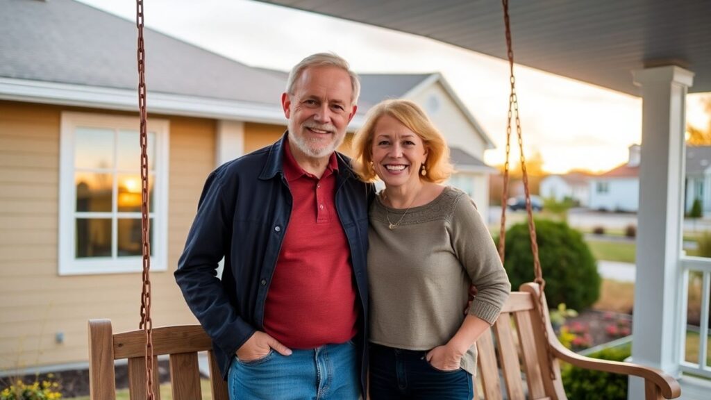 Couple on porch swing at sunset