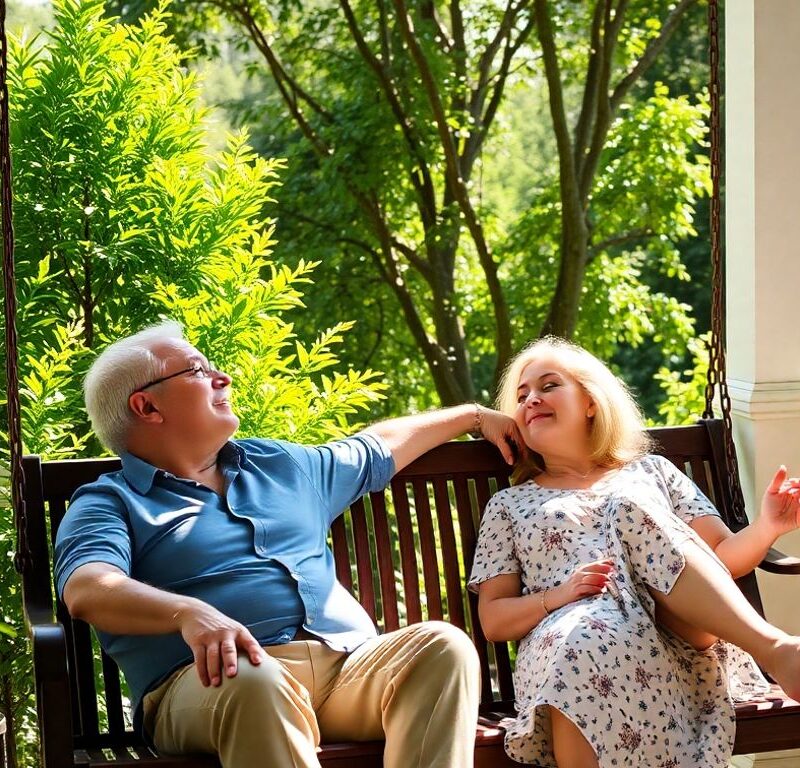 Couple on porch swing in sunlight with green foliage.