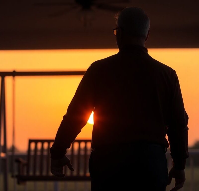Couple on porch with swing at sunset.
