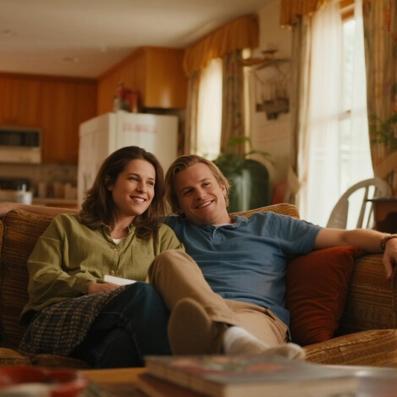 Couple relaxing on a sofa in a warm, inviting living room.