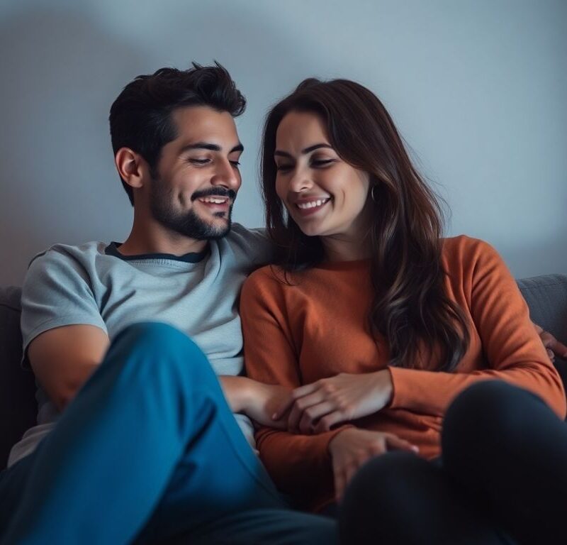 Couple relaxing together on a couch.