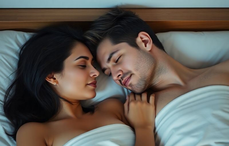Couple resting intimately in bed, soft lighting.