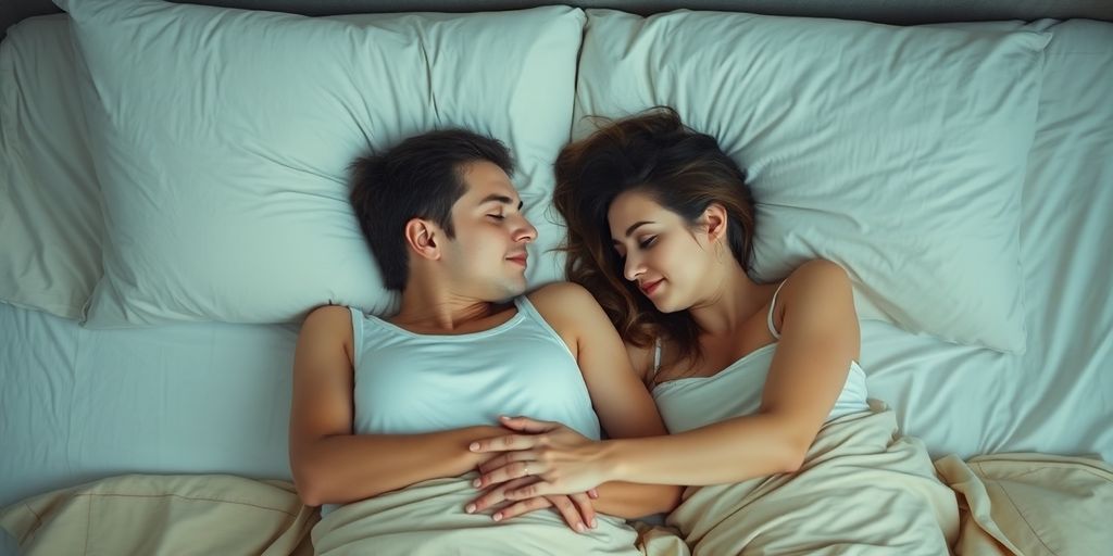 Couple resting intimately in soft, warm bed lighting.