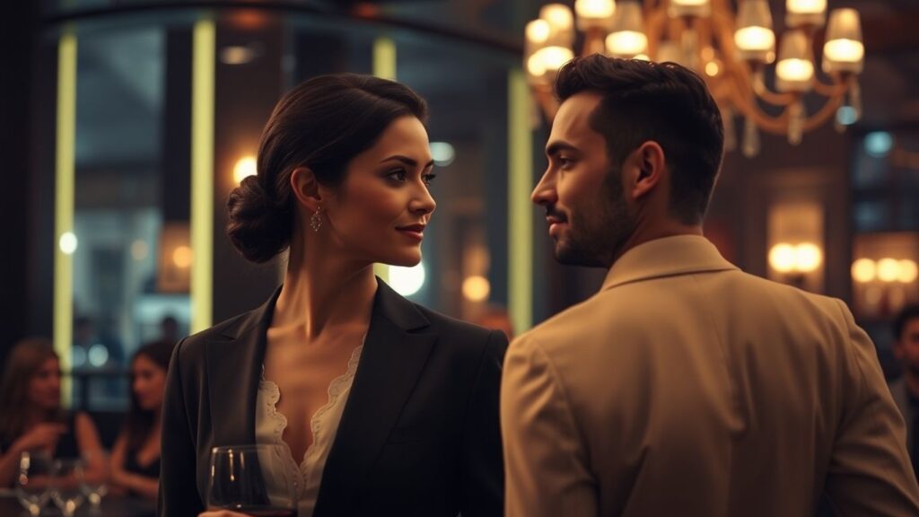 Couple sharing a knowing glance in an upscale lounge.