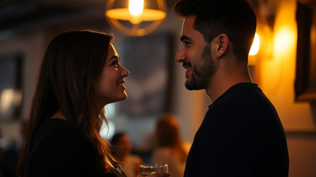 Couple sharing a playful glance in an intimate setting.