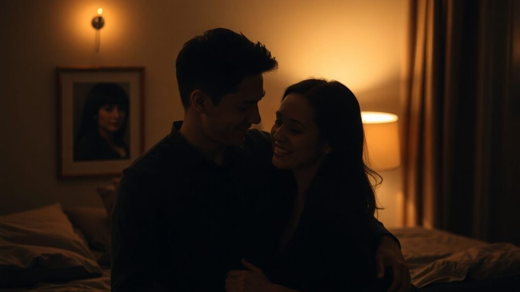 Couple sharing a tender, intimate moment in soft lighting.