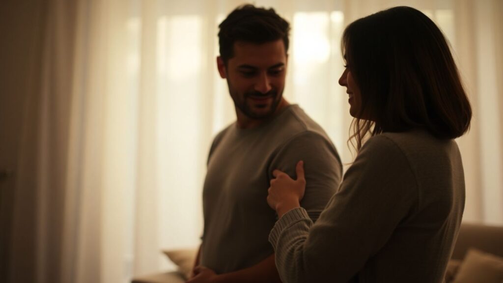 Couple sharing a tender moment, respecting personal space.