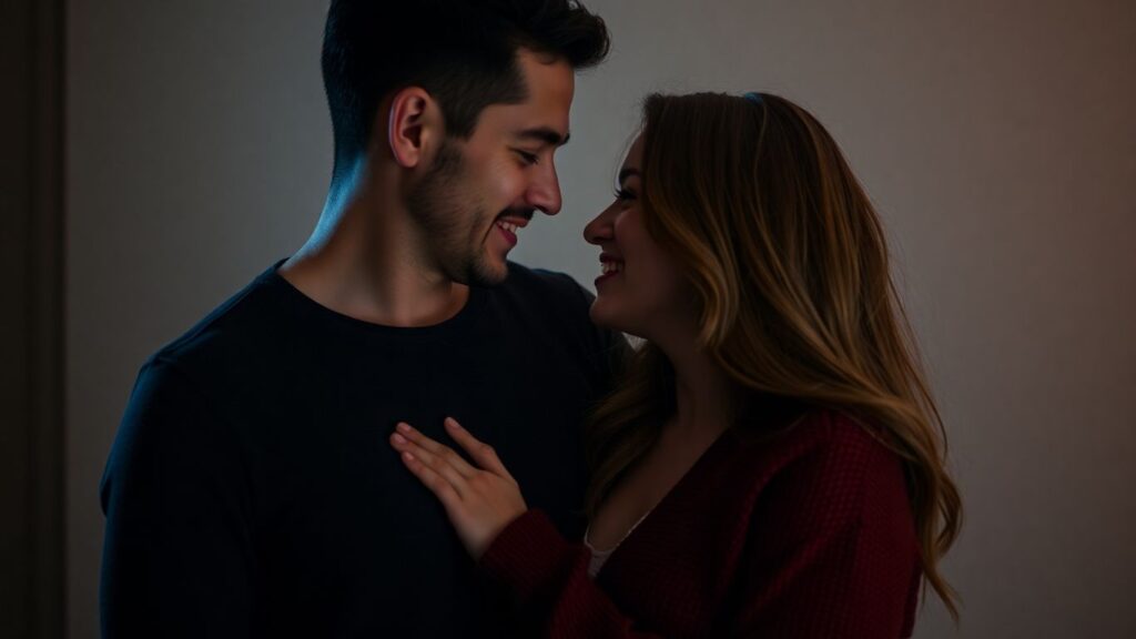 Couple sharing an intimate, confident moment.