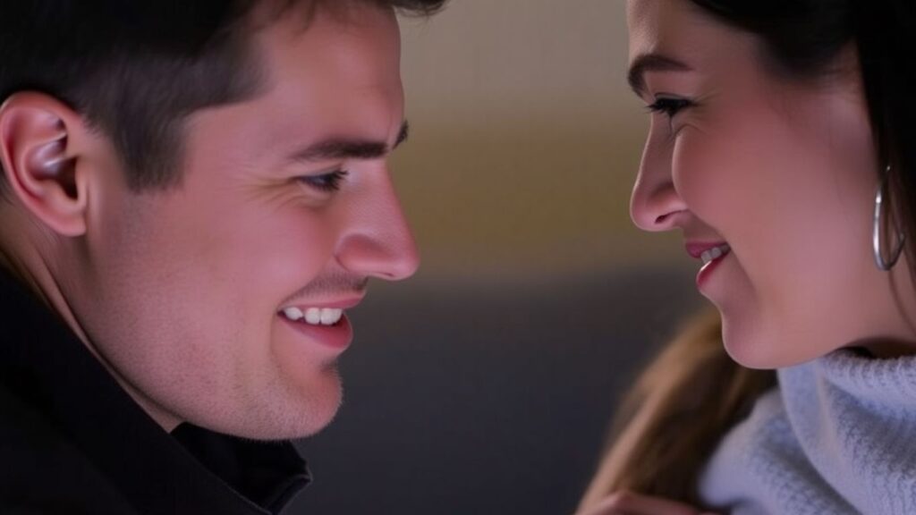 Couple sharing an intimate, curious moment with soft lighting.