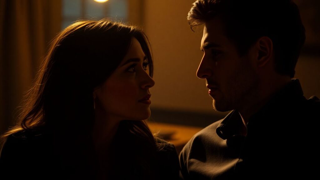 Couple sharing an intimate, emotional moment.