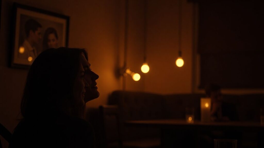 Couple sharing an intimate moment, another couple in background.