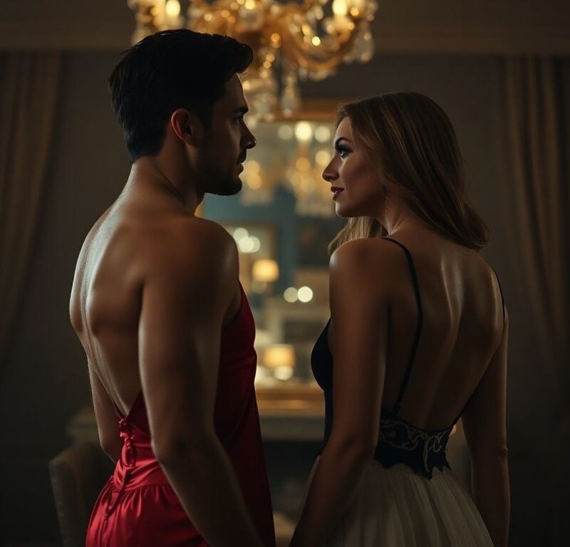 Couple sharing an intimate moment in a luxurious room.