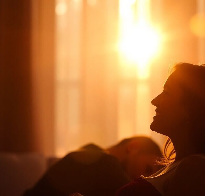 Couple sharing an intimate moment in warm lighting.