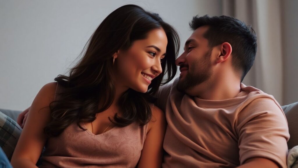 Couple sharing an intimate moment, looking at each other.