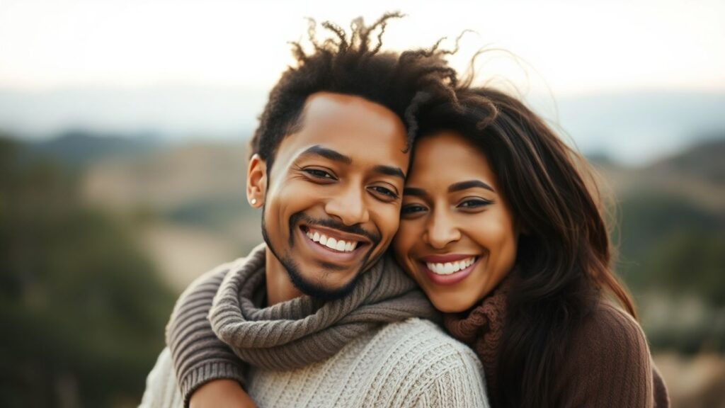 Couple sharing an intimate moment outdoors