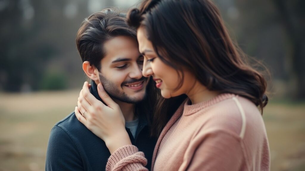 Couple sharing an intimate moment with a soft, blurred background.