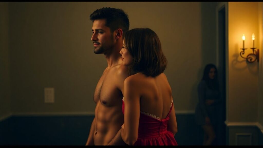 Couple sharing intimate glance, another couple in background.