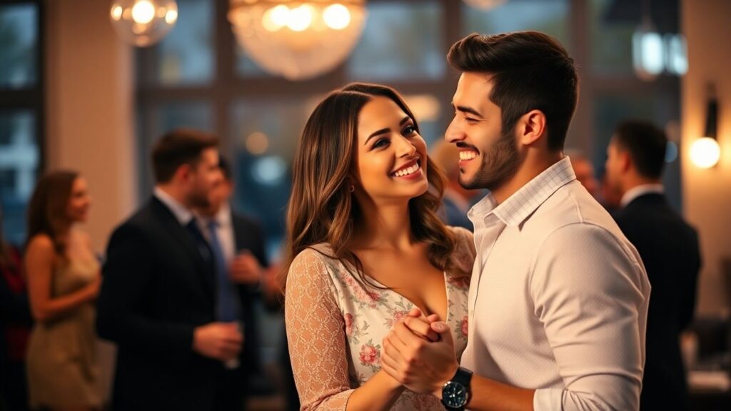 Couple smiling and holding hands at a social gathering.