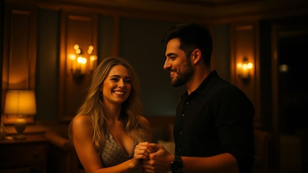 Couple smiling and holding hands in a luxurious room.