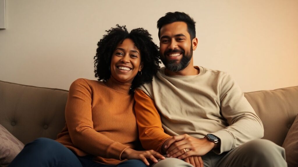 Couple smiling and sitting together on a sofa.