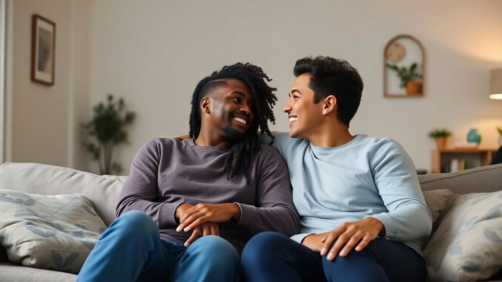 Couple smiling intimately on a sofa.
